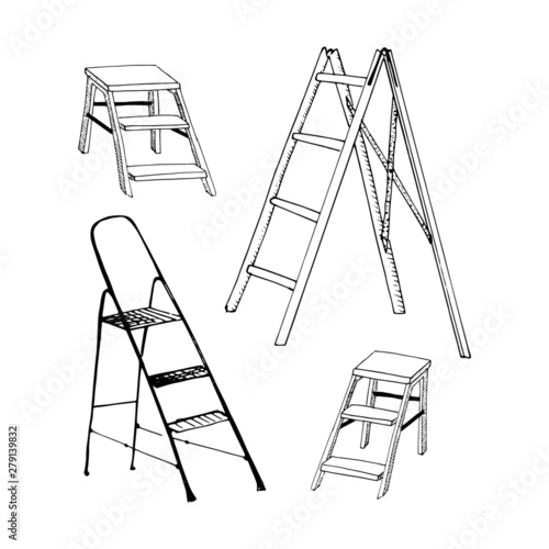 Step ladders sketch set. Collection of hand drawn ladders isolated on white. Sketch style vector illustration.