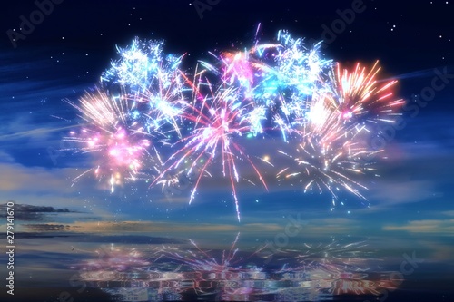 Colorful glowing celebration fireworks on a night sky photo