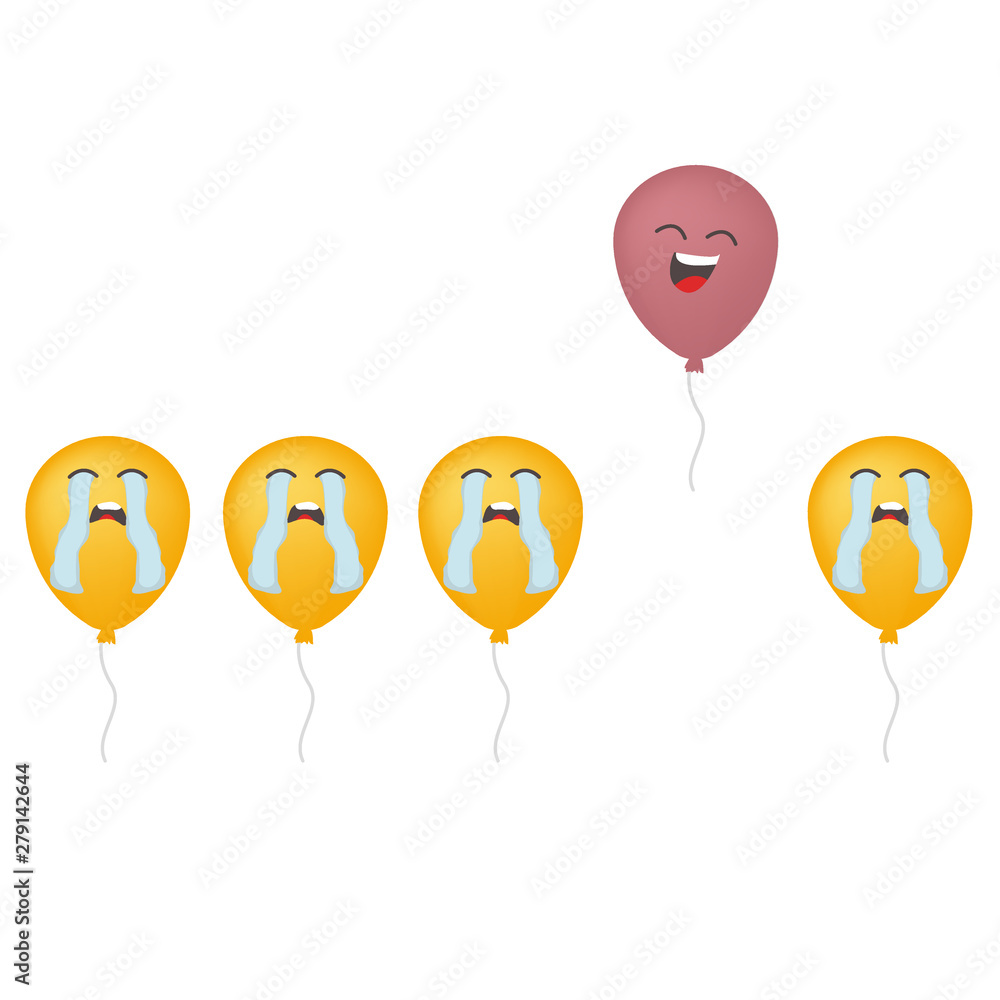 Happy yellow air balloon fly from group of on sed balloons on white background. Freedom concept. Celebration for escape Happy yellow air balloon fly from group of on sed balloons on white background. Freedom concept. Celebration for escape