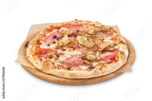 Fresh Italian pizza with , pastrami, ham, mushrooms and isolated on isolated white background.
