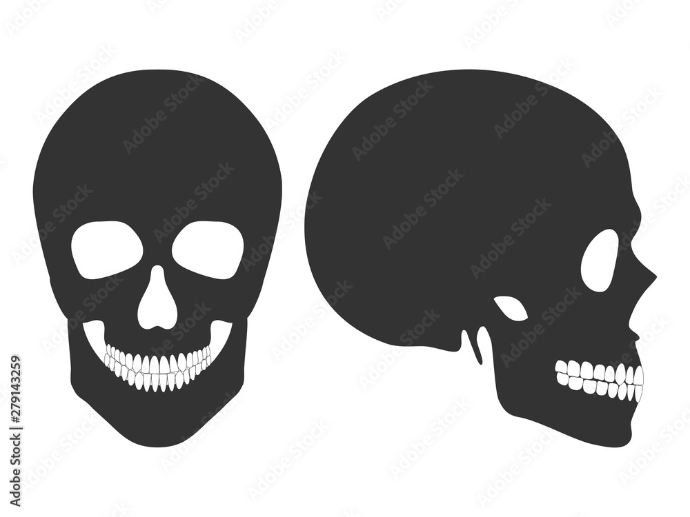 Human black skull in profile and full face isolated on white background. Vector illustration in flat style