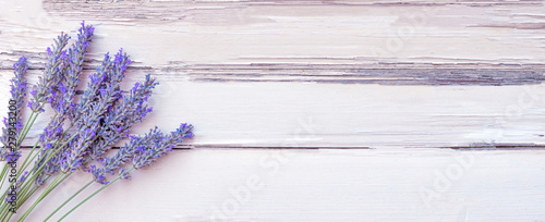 Summertime - lavender flowers. Bunch of lavender flowers on white rustic wooden background.