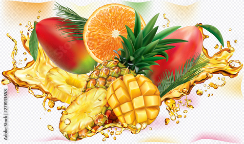 Tropical fruits Orange, Pineapple, Mango in splashes of juice