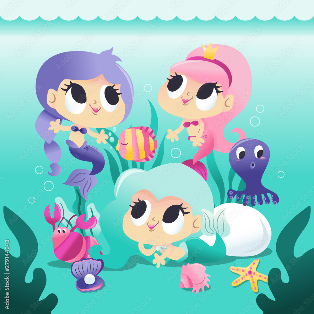 Obraz premium Super Cute Group of Mermaids Underwater With Sea Creatures