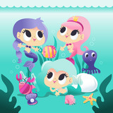 Super Cute Group of Mermaids Underwater With Sea Creatures