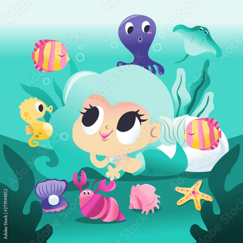 Fototapeta Naklejka Na Ścianę i Meble -  Super Cute Mermaid Lying Down Underwater With Sea Creatures