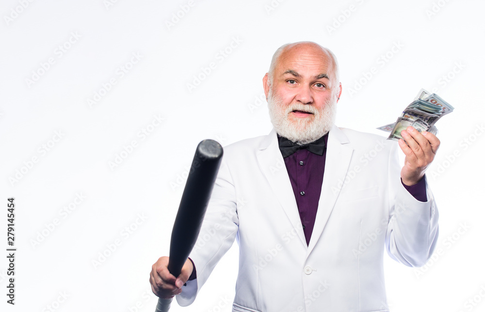 Naklejka premium mature bearded man with dollar banknotes and baseball bat. dirty business. successful businessman. Richness. criminal and robbery. debt pit. rich mature man has lots of money. Concept of dirty money
