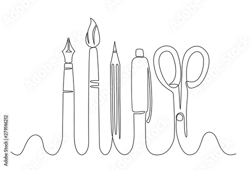 monochrome outline set of different pens drawn in continuous line style.