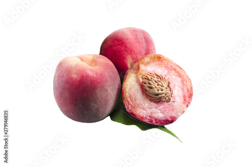 juicy peaches on white background half peach green leaf isolate