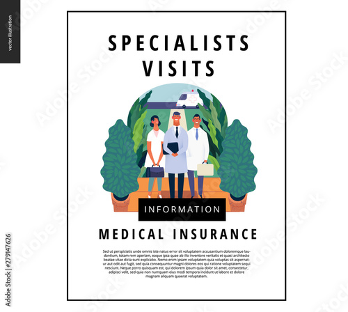 Medical insurance -specialists visit -modern flat vector concept digital illustration - medical specialists standing at the private residence entrance door Home medical service, part of insurance plan