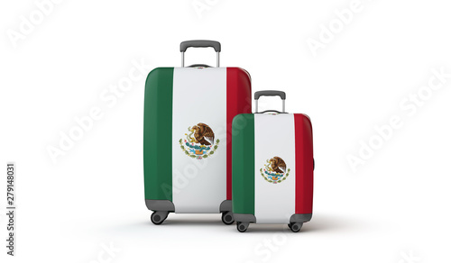 Mexico flag holiday destination travel suitcases isolated on white. 3D Render