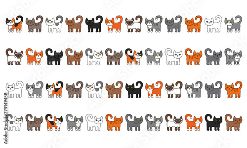 Various cats border set. Cute and funny cartoon kitty cat vector illustration set with different cat breeds. Pet kittens of different colours. Simple modern geometric flat style vector illustration.
