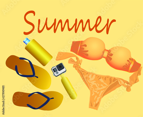 Vector illustration, summer beach accessories - swimsuit, camera, slippers