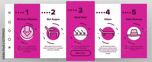 Sunscreen, UV Defence Vector Onboarding Mobile App Page Screen. Sunscreen, Suntan Rules Illustrations. Summer, Seaside Vacations Cosmetics. Skin Protection, Hats, SPF Cream, Sunglasses Pictograms