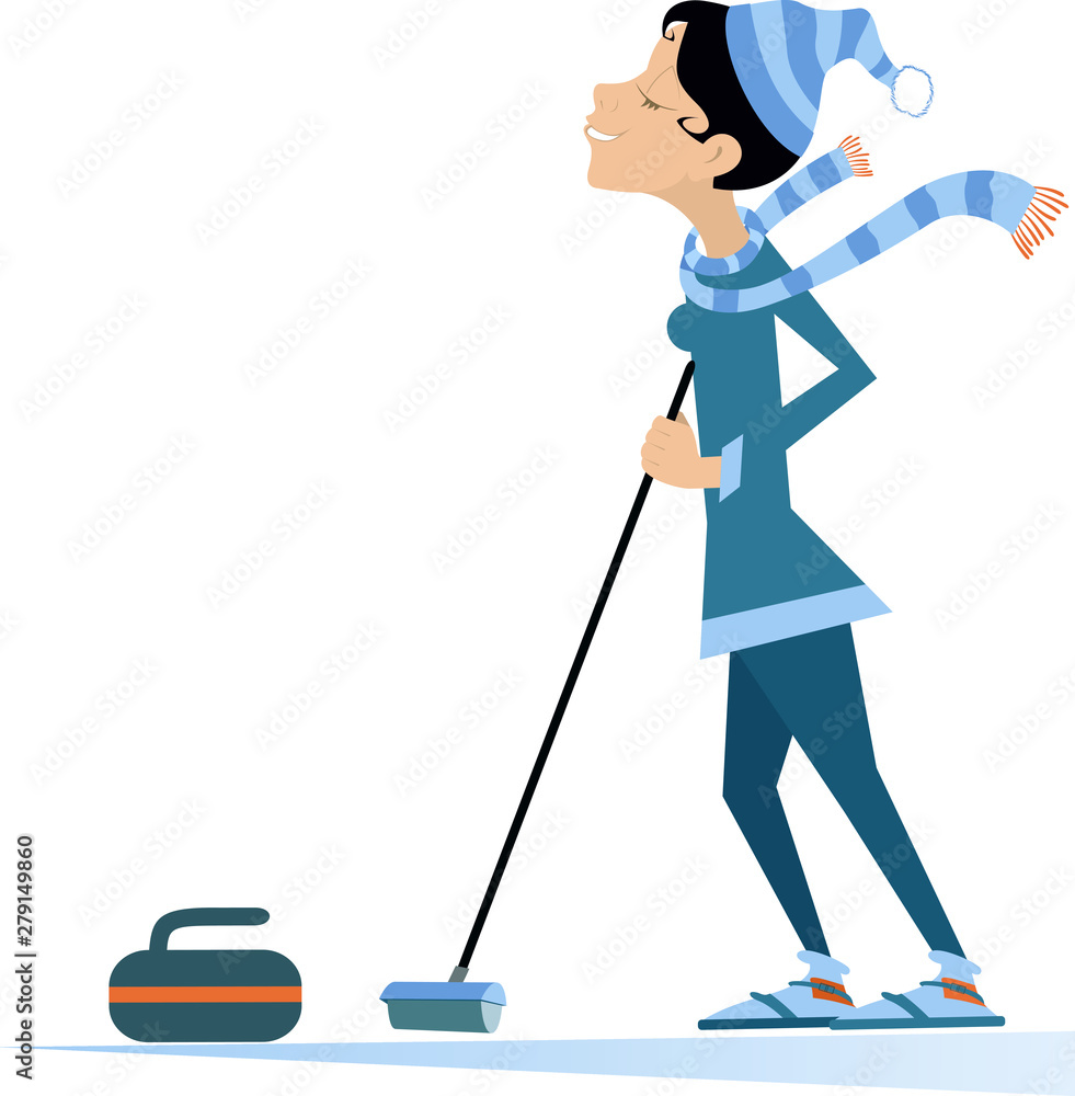Smiling young woman plays curling isolated illustration. Young woman with a curling brush and a stone isolated on white illustration