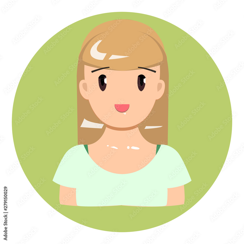 Vector illustration, smiling flat girl on a green circle background. Vector illustration, smiling flat girl on a green circle background.