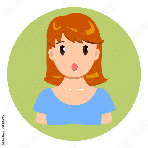 Vector illustration, surprised flat girl on a green circle background.