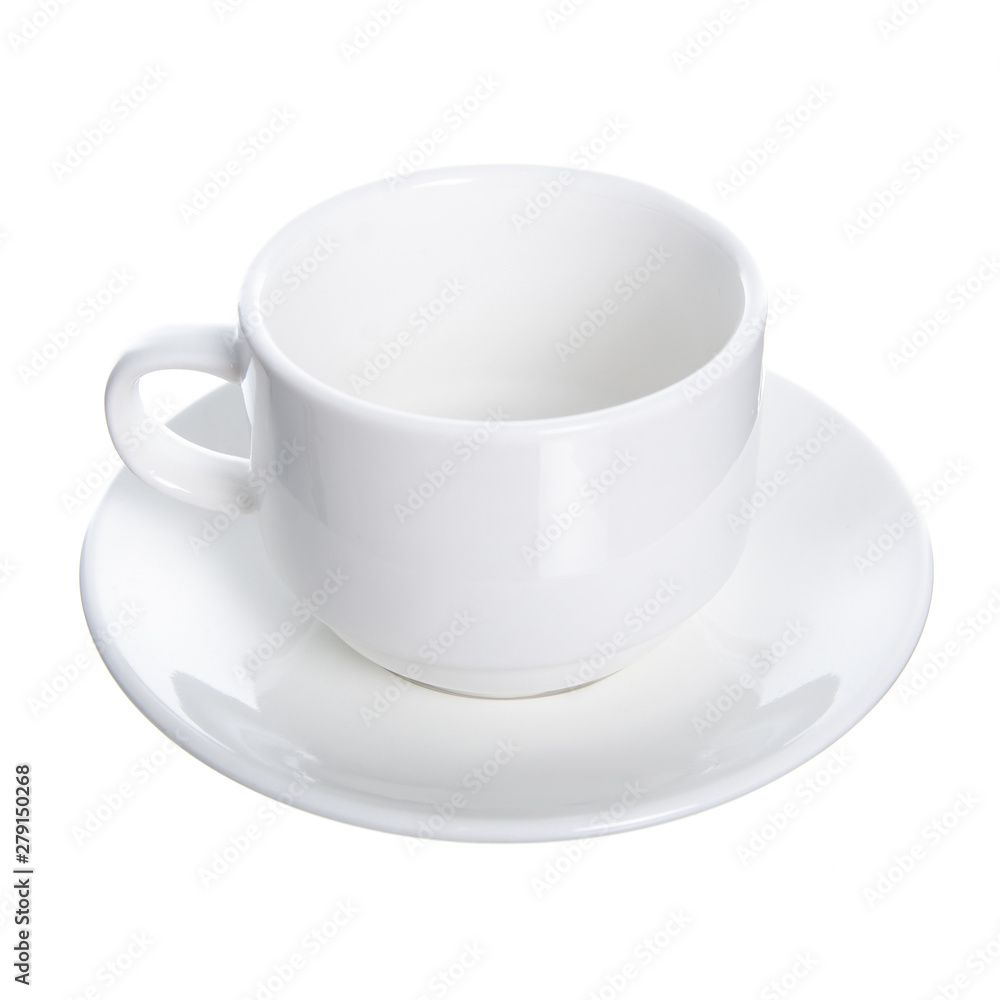 Empty white coffee cup mug with saucer on white background isolation Empty white coffee cup mug with saucer on white background isolation