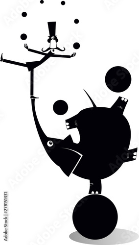 Elephant and equilibrist mustache man juggle the balls illustration. Funny long mustache man in the top hat balances on the trunk of the elephant and juggles the balls black on white illustration