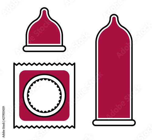 Flat linear design. Set of contraceptive icons for applications, web sites and public use. Packed, unpacked and straightened condom. Concept - Modern contraception - Vector.