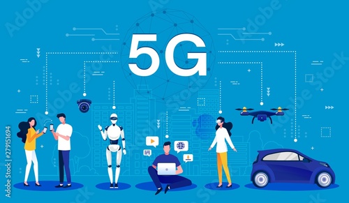 5G concept. Cartoon infographic of a 5G wireless network using mobile wireless technology for faster connectivity with smartphones, robotics, computing, drones and vehicle, vector illustration