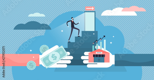 Exit business vector illustration. Flat tiny company sale persons concept.