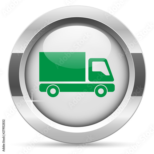 Transportation icon.White metal internet button. Glass with green icon, vector.