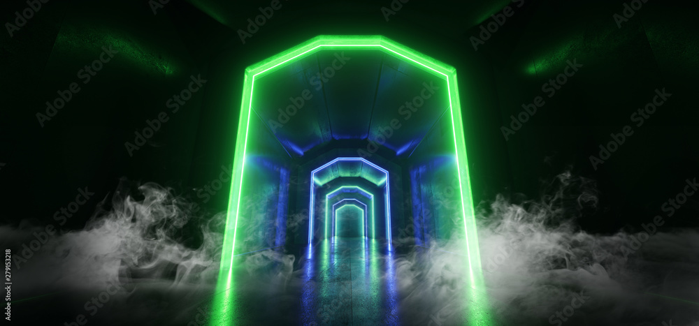 Smoke Neon Lights Virtual Sci Fi Futuristic Vibrant Green Blue Glowing Laser Beam Shapes Dark Grunge Concrete Tunnel Underground Hall Garage Room Gallery Night 3D Rendering