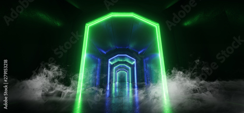 Fototapeta Naklejka Na Ścianę i Meble -  Smoke Neon Lights Virtual Sci Fi Futuristic Vibrant Green Blue Glowing Laser Beam Shapes Dark Grunge Concrete Tunnel Underground Hall Garage Room Gallery Night 3D Rendering