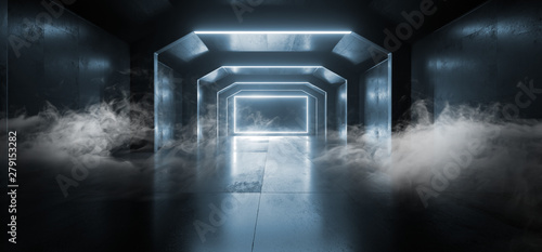 Smoke Sci Fi Future Neon Blue Glowing Rectangle Shape Empty Dark Spaceship Tunnel Underground Vibrant Lasers Shape Grunge Concrete Reflective Graphic Background 3D Rendering