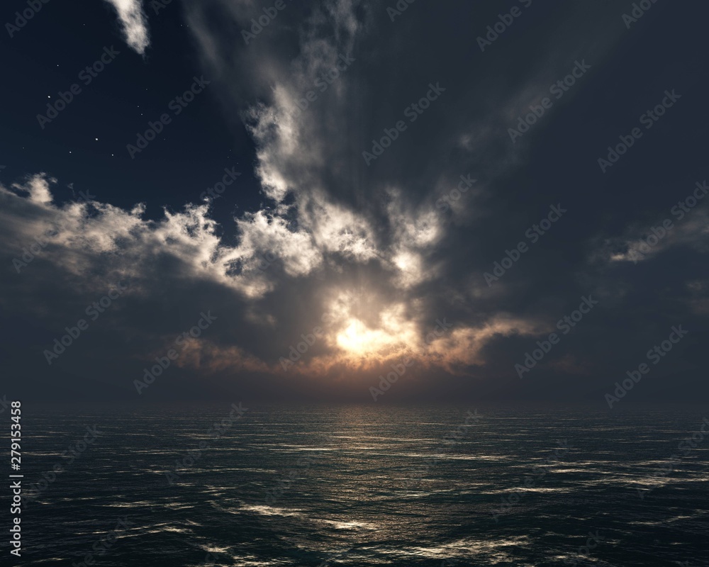 Storm clouds over the rolling sea at sunset, 3d rendering