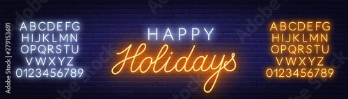 Happy holidays neon sign. Greeting card on dark background.