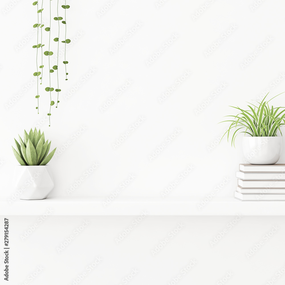 Interior wall mockup with plants in pots and pile of books standing on on empty white background. 3D rendering, illustration.