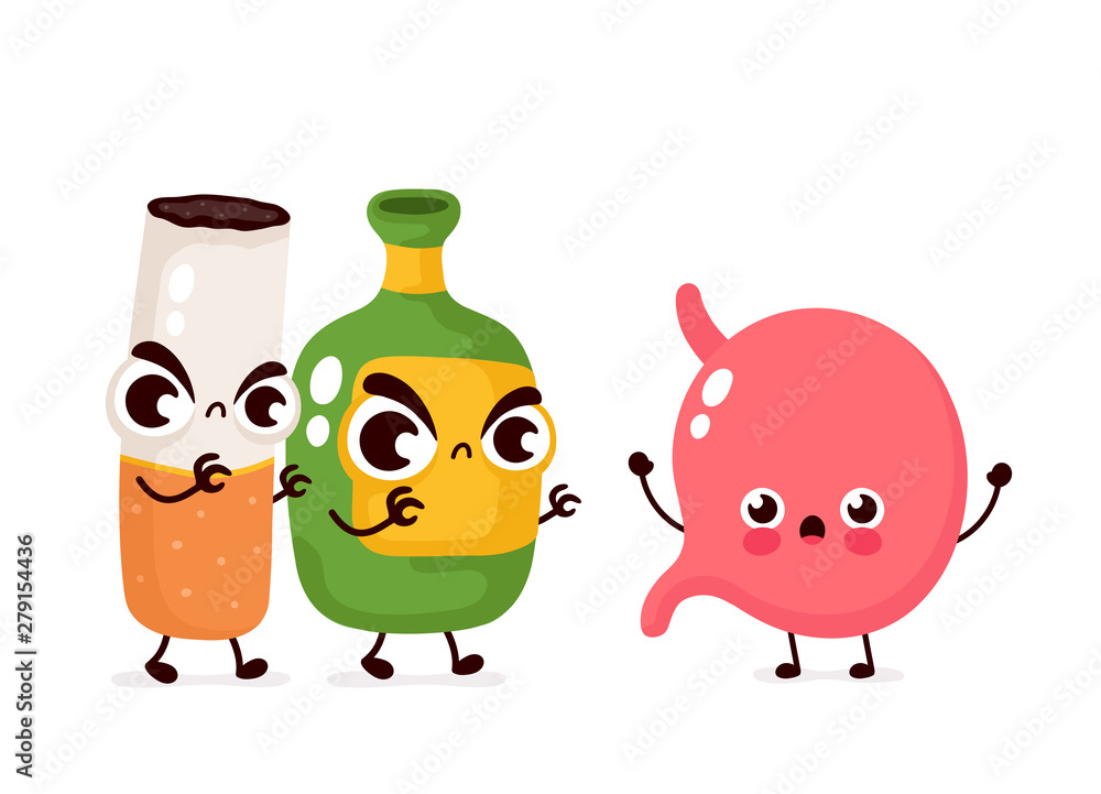 Angry scary alcohol bottle and stomach Angry scary alcohol bottle and stomach