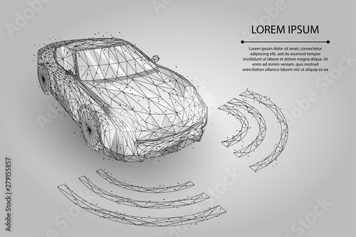 Abstract mash line and point high speed motion car. Vector transportation illustration. Polygonal low poly fast drive, vehicle road travel concept  