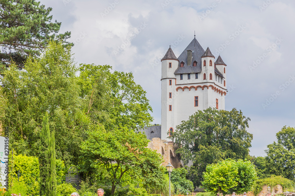 View on tower of Eltville castle at river Rhine in Germany