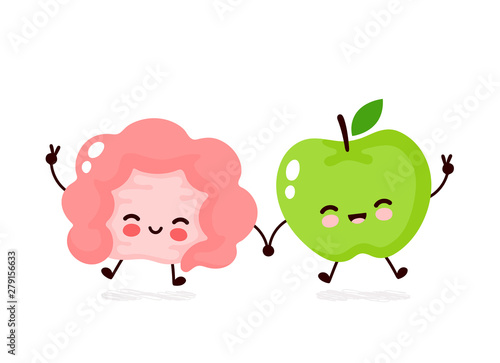 Cute happy smiling intestine and apple