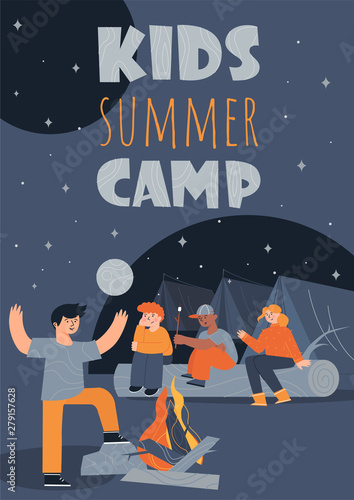 Kids summer camp vertical poster template. Children sitting near a bonfire and their tents eating marshmallow at night. Camping trip and backpacking in scout camp. Kids summer outdoor activivity.