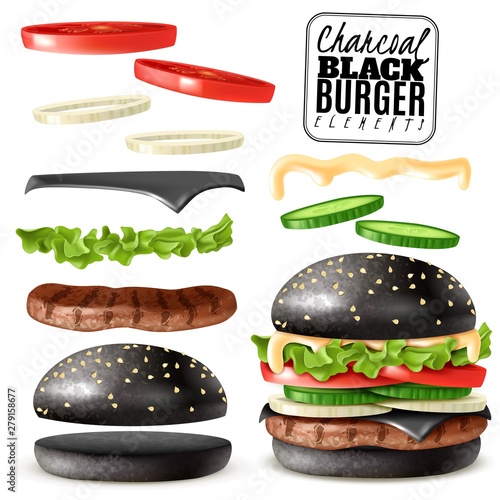 Realistic black charcoal burger elements set