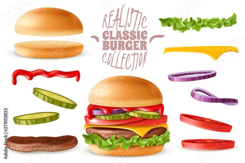 Realistic classic burger elements set