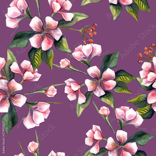 watercolor pink flowers and leaves in vintage graphic style on a seamless purple background for use in design, textiles, wrapping paper, Wallpaper, stationery