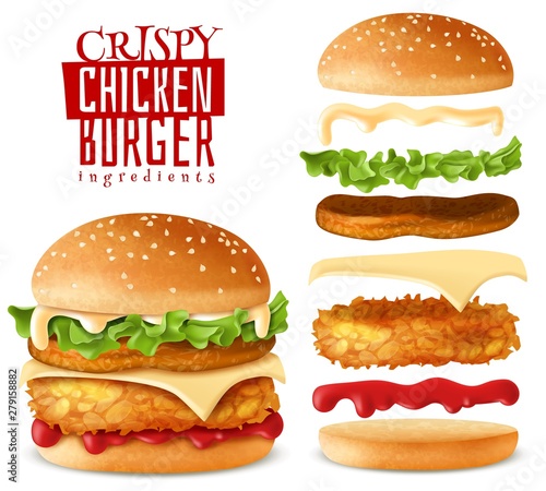 Realistic crispy chicken burger elements set
