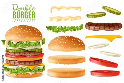 Realistic double burger elements set