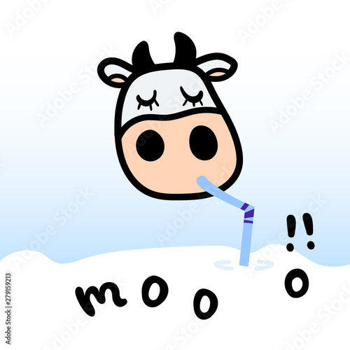 Vector illustration, line cartoon cow drinking milk with straw. Hand drawn with gradient. With "MOO!!" lettering. Applicable for package, poster, label designs, banners, flyers etc.