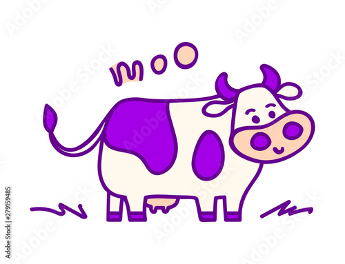 Vector illustration, line cartoon sketched standing spotted cow. Hand drawn, isolated, violet colors. With "MOO" lettering. Applicable for package, poster, label designs, banners, flyers etc.