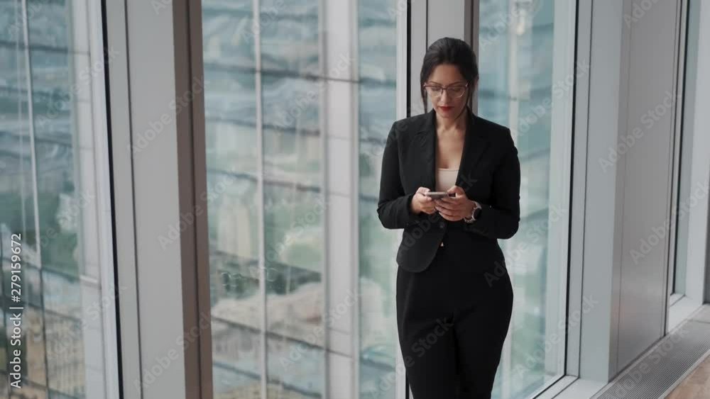 portrait of a young modern business woman on the background of buildings of glass and metal portrait of a young modern business woman on the background of buildings of glass and metal