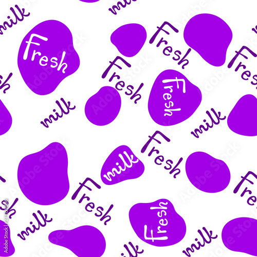 Vector illustration, cow spots seamless pattern. Violet color, "Fresh milk" hand drawn lettering