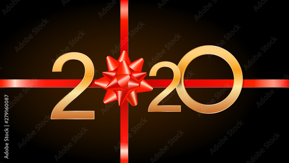 2020 Happy New Year background with golden numbers, red ribbon and gift bow. Holiday banner, poster, flyer, greeting card or invitation template. Vector illustration. 2020 Happy New Year background with golden numbers, red ribbon and gift bow. Holiday banner, poster, flyer, greeting card or invitation template. Vector illustration.