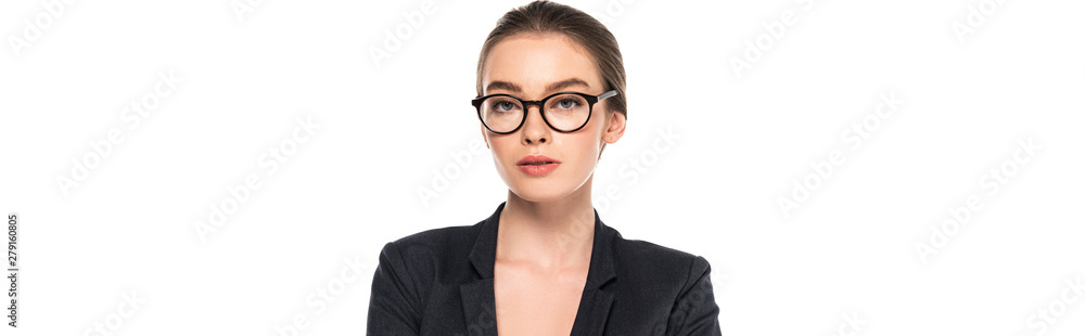 young successful businesswoman in black suit and glasses isolated on white, panoramic shot
