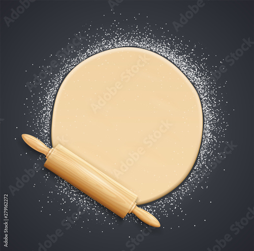 Wooden rolling pin and kneading dough with flour. Concept design for baking, pizza, cookie, biscuit, bread. Dark background. Eps10 vector illustration.